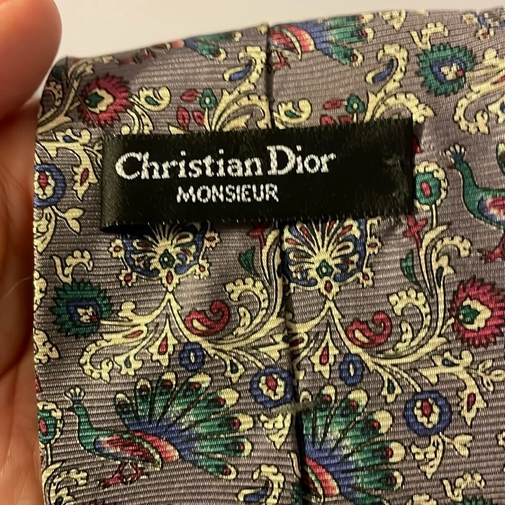 Christian Dior Monsieur Gray Peacock Floral Design Silk Made in Italy Necktie